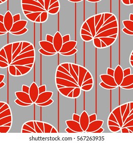 Chinese seamless pattern. Red lotus silhouette with leaves