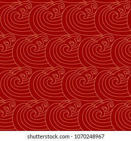 Chinese seamless pattern. Sea waves. Golden curls on a red background. Vector illustration.