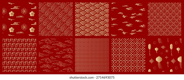 Conjunto de patrón chino sin fisuras, oro y fondo asiático rojo