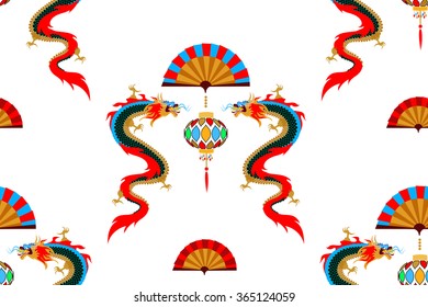 Chinese seamless pattern: spring festival with dragons and multicolor chinese lanterns. It can be used for textile and wrapping paper.