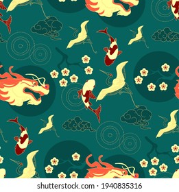 Chinese seamless pattern in traditional asian style. Crane, koi fish, dragon, clouds and flowers. China design.