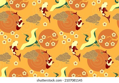 Chinese seamless pattern in traditional asian style. Cranes, koi fishes, flowers and clouds. China design.
