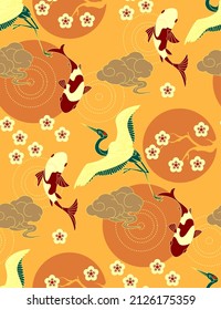 Chinese seamless pattern in traditional Asian style. Cranes, koi fishes, flowers and clouds. China design.