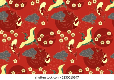 Chinese seamless pattern in traditional Asian style. Cranes, koi fishes, flowers and clouds. China design.