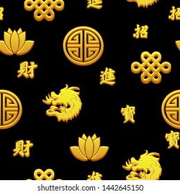 Chinese seamless pattern with traditional symbols on black background. Background and icons on separate layers
