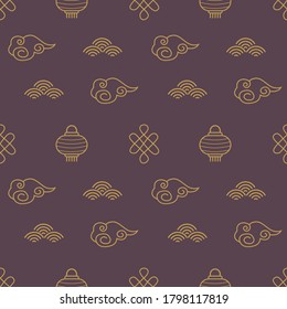 Chinese seamless patterns. Dark asian background with golden elements. China traditional ornament with clouds, paper lanterns. Celebration wrapping, textile for mid autumn festival or new year holiday