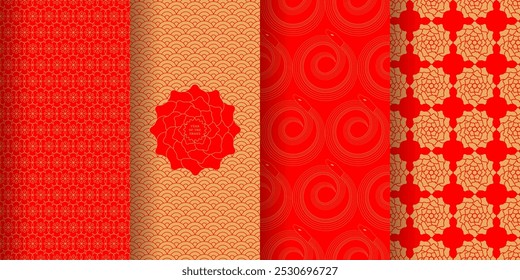 Chinese seamless patterns set. Decorative design inspired by Chinese New Year 2025, year oh the snake. Vector isolated illustrations.