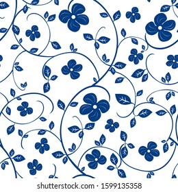 Chinese seamless  porcelain floral pattern background. Oriental blue tea olive or osmanthus pattern. Great for wallpaper, gifts, textile, silk, packaging design.