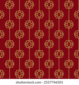 Chinese seamless tracery square geometric pixel pattern red and golden background. Seamless pattern with Ideal for printing on fabric, paper and cards.