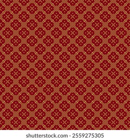 Chinese seamless tracery square round geometric pixel pattern red and golden background. Seamless pattern with Ideal for printing on fabric, paper and cards.