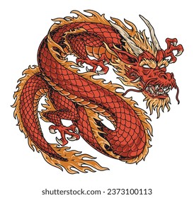 Chinese serpent lun emblem colorful with long fictional dragon with horns from oriental stories and shadow theater vector illustration