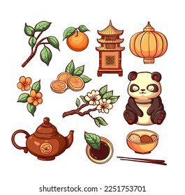Chinese set with asian elements - panda, orange, lantern, tea, food, spring blossom flowers. Vector cartoon illustration with China culture items