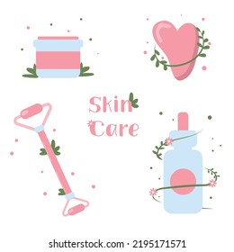 Los chinos ponen una sha de gua rosada. La mujer de belleza se enfrenta al cuidado de la piel. Cuidado corporal, spa. Tratamiento de belleza. Vector de masaje facial de belleza
