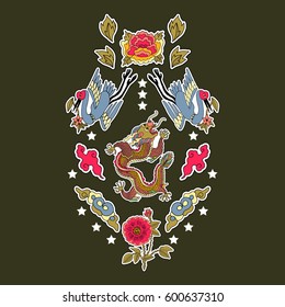 Chinese set of stickers, pins, patches and handwritten notes collection in cartoon. Print on tshirts and other materials.