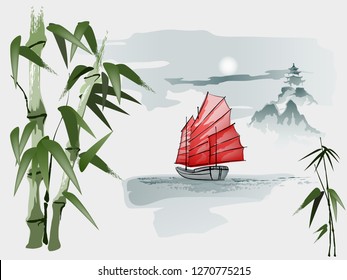 Chinese ship with a scarlet sail
Sailboat sailing past the Pagoda. Imitation of Chinese Painting. Illustration, vector. EPS-10.