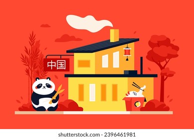 Tienda china y souvenir - moderna ilustración vectorial de color con comida y café, fideos de ramen o wok, oso panda con bambú y carteles con jeroglífico. Idea de rasgos nacionales tradicionales