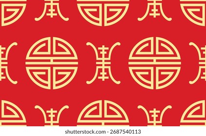Símbolo shou chino. Patrón chino sin fisuras. Adorno geométrico decorativo asiático sobre fondo rojo.
