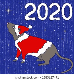 Chinese Sign Rat in Santa costume, symbol of New Year on the Eastern calendar, hand drawn illustration on the muted blue pattern, background can be used as a seamless texture