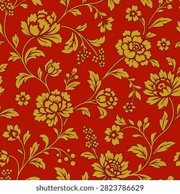 Chinese silk fabric pattern, golden trailing chintz floral on rich red background, stylized Jacobean flowers, leaves. Seamless vector flowers pattern, hand-drawn for wallpaper, fabric, art projects.