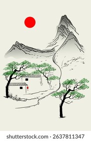 Chinese simple landscape drawing line art, ink vector illustration.