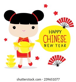 Chinese Sister Hold Gold Cute Cartoon Vector