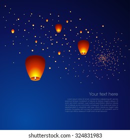 Chinese sky lanterns floating in a dark night sky. Vector illustration