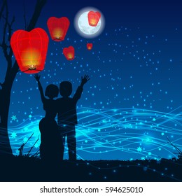 Chinese sky lanterns floating in a dark night sky. Vector illustration