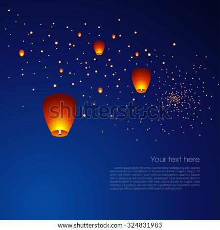 Chinese sky lanterns floating in a dark night sky. Vector illustration