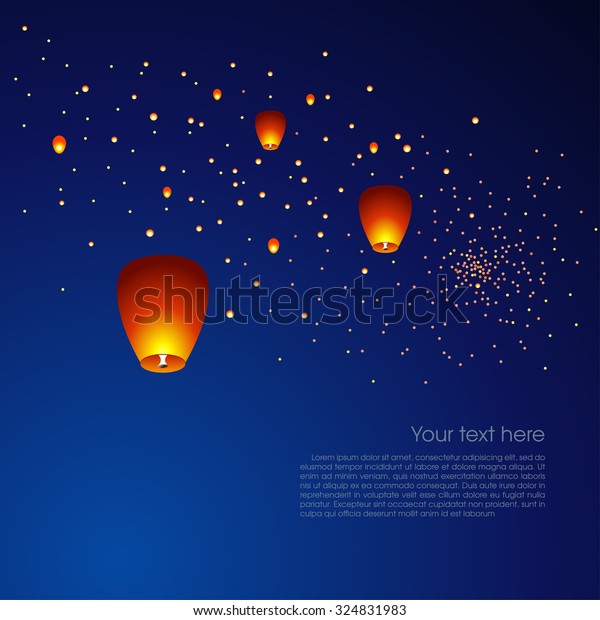 Chinese sky lanterns floating in a dark\
night sky. Vector\
illustration