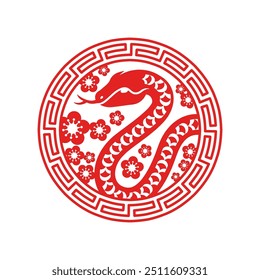 Chinese Snake circle emblem red silhouette icon isolated on white background. Vector illustration. China lunar calendar animal, 2025 New year. Asian style tattoo template, floral spring pattern