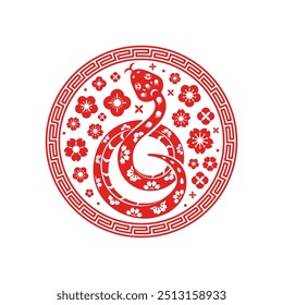 Icono rojo de la silueta del emblema chino del círculo de la serpiente aislado en el fondo blanco. Ilustración vectorial. Animal del calendario lunar de China, año Nuevo 2025. Plantilla del tatuaje del estilo asiático, modelo floral de la primavera