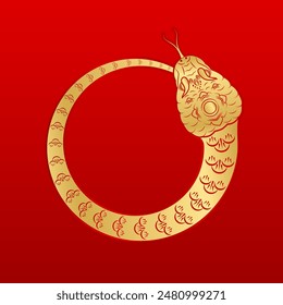 Chinese snake circle gold zodiac sign isolated on red background. For card design print media or festival. China lunar calendar animal happy new year. Vector EPS10 Illustration.