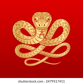 Chinese snake gold zodiac sign isolated on red background. For card design print media or festival. China lunar calendar animal happy new year. Vector EPS10 Illustration.