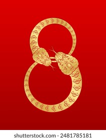 Chinese snake gold zodiac sign Number eight, Infinity. Isolated on red background. For card design print media or festival. China lunar calendar animal happy new year. Vector EPS10 Illustration.