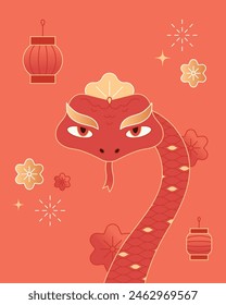 Chinese snake head, gradient flowers, abstract fireworks and graphics, lanterns on background. Asian lunar character with abstract reptile scale, textured skin. 2025 New Year's vector illustration.