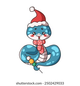 Chinese snake holding lollipop flat color vector illustration. Cute Kawaii snake brings playful and sweet touch to celebration on white background