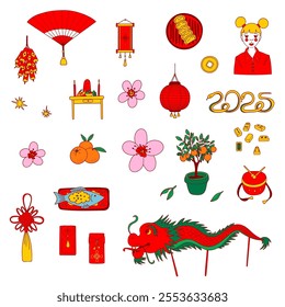 Chinese Snake New Year Icon Set. Traditional Lunar New Year symbols. Red envelopes, dragon, plum blossom, firecrackers, dumplings, tangerine and more. Perfect for prints, web, stickers, greeting cards