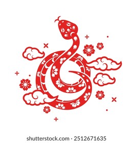 Logotipo rojo chino de la serpiente, flores y nubes asiáticas, estilo tradicional del corte del papel. Ilustración vectorial. China calendario lunar animal 2025 Feliz año Nuevo. Tatuaje asiático, patrón de primavera floral