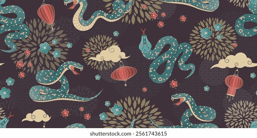 Chinese snake seamless pattern. Symbol of the Lunar New Year 2025 in geometric style with paper lanterns and traditional motives on a brown background. Vector Illustration