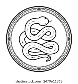 Chinese Snake, Symbol of 2025 New Year. Zodiac sign of the snake in circle with Asian elements. Isolated vector illustration