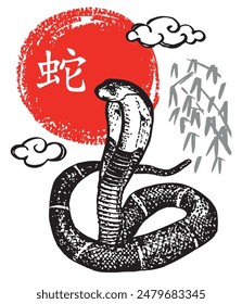 Chinese  Snake Year of the Ink Painting. Hand drawn sketch. Happy lunar New Year 2025. Year of the snake. Chinese new year symbol. Translation: snak