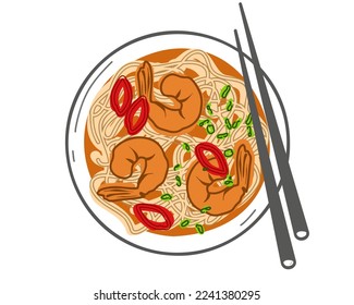 Chinese soup with shrimp and noodles. View from above