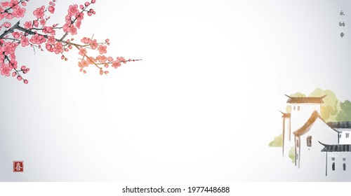 Chinese south village and blossoming plum tree on white background. Traditional oriental ink painting sumi-e, u-sin, go-hua. Hieroglyphs - eternity, freedom, happiness, joy.