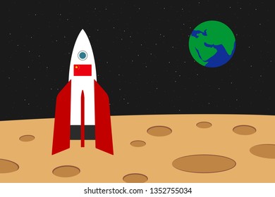 Chinese spaceship on moon surface. Vector illustration.