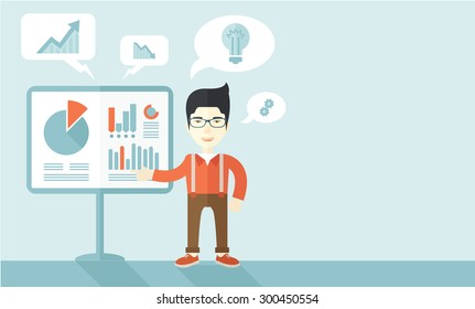 A chinese speaker presenting his report through infographics inside the conference room. Reporting concept. A Contemporary style with pastel palette, soft blue tinted background. Vector flat design