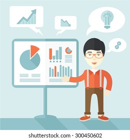 A chinese speaker presenting his report through infographics inside the conference room. Reporting concept. A Contemporary style with pastel palette, soft blue tinted background. Vector flat design