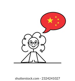chinese speaking cartoon girl with speech bubble in flag of China colors, female character learning chinese language vector illustration, black line sketch