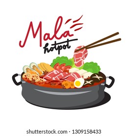 Chinese Spicy Hot Pot With Best Ingredients.Vector Illustration