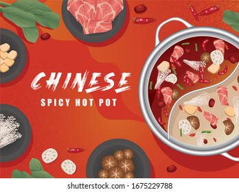 Chinese Spicy Hot Pot Poster Template Menu With Ingredient Vector