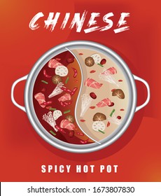 Chinesisch scharfer heißer Topf, Sichuan Spicy Hot-Pot-Vektorillustration-Menüdesign-Vorlage auf rotem Hintergrund